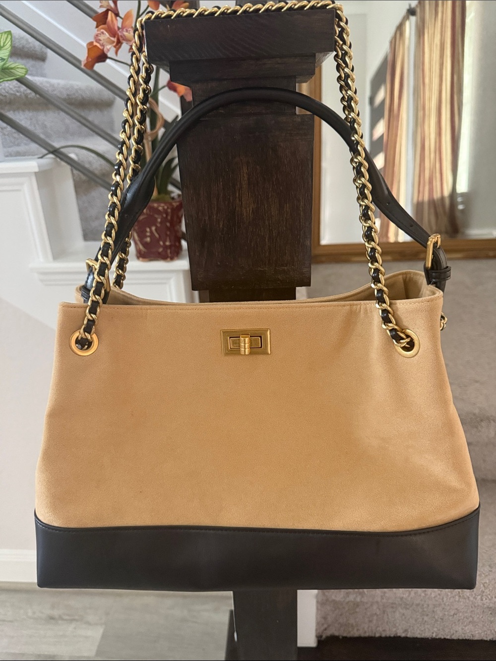 Cider Two-Tone Chain Shoulder Bag in Beige and Black
